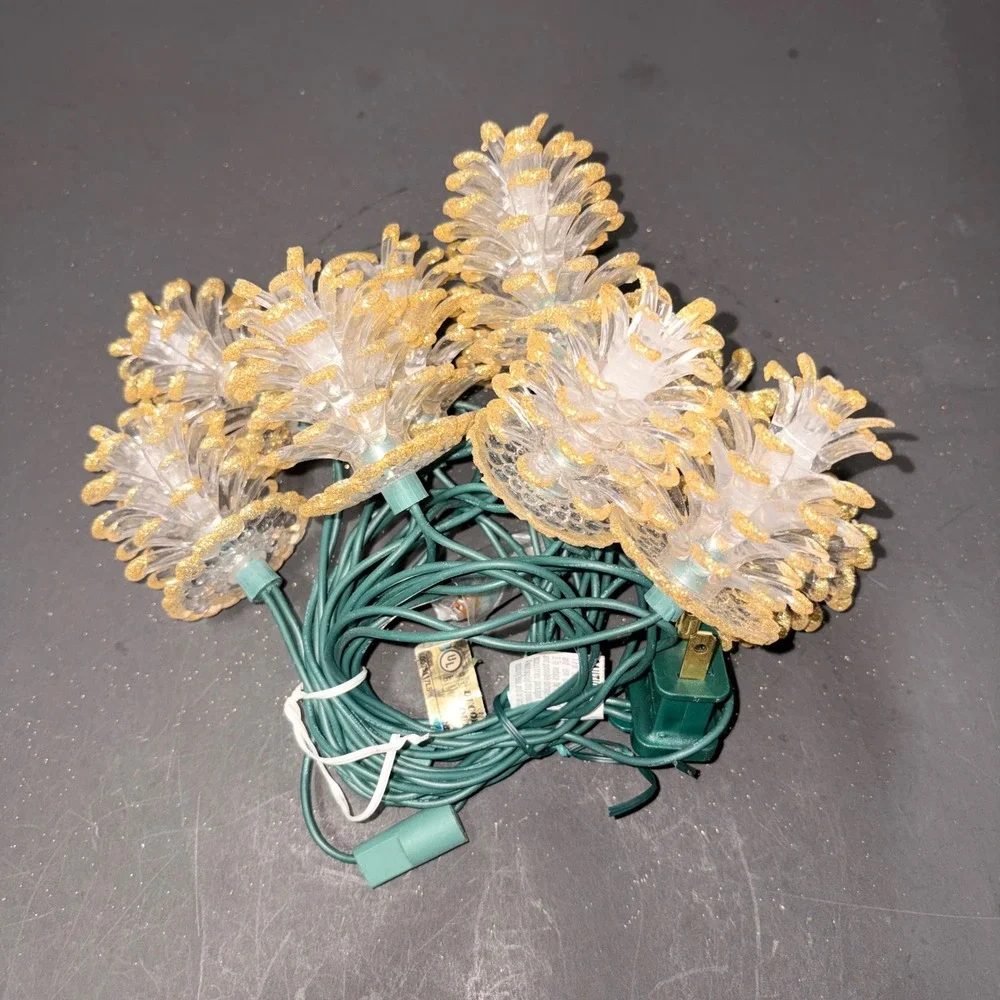 9' Vtg Style Glitter Pinecone String Lights 10 Count Gold Amber Glow Green Wire